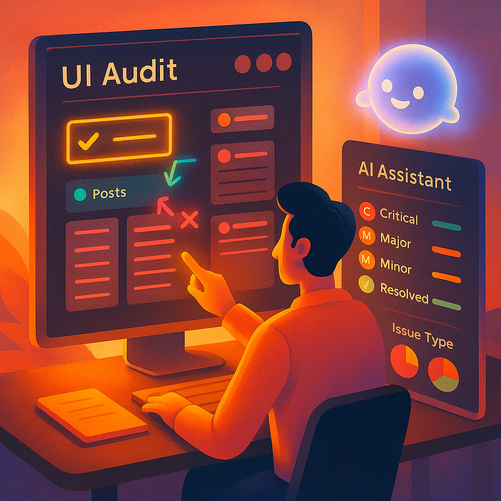 A UX designer reviewing AI-detected issues with highlighted problem areas on a screen.