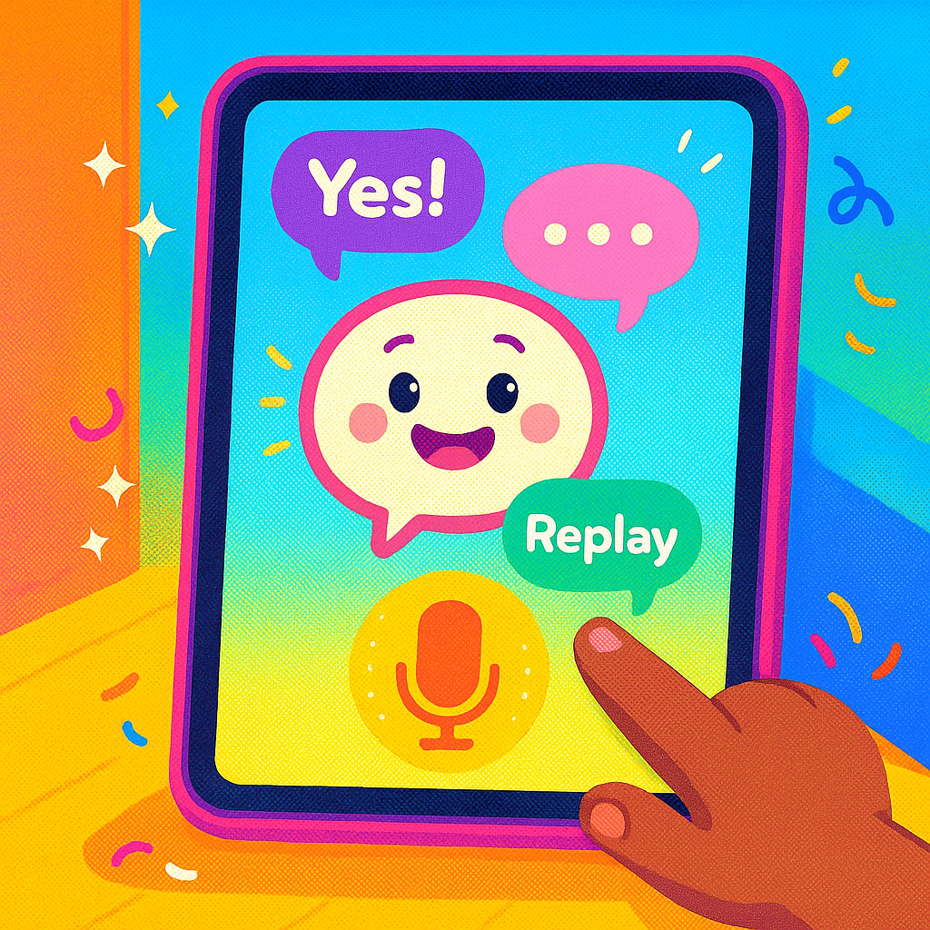 A voice assistant UI showing a happy avatar giving confirmation and clarification to a child’s command.