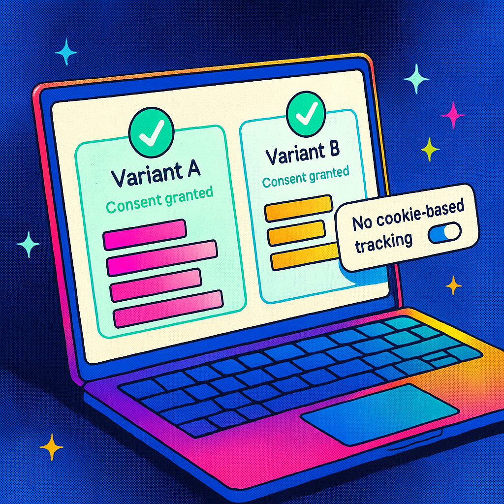 A visual flow of an A/B testing process using anonymized, consent-based user tracking
