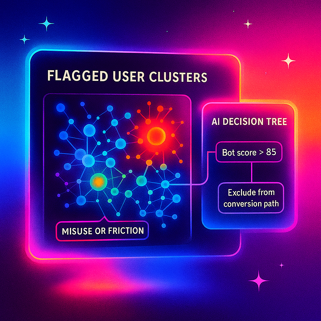 A digital interface showing AI clustering anti-personas using heatmaps and decision trees
