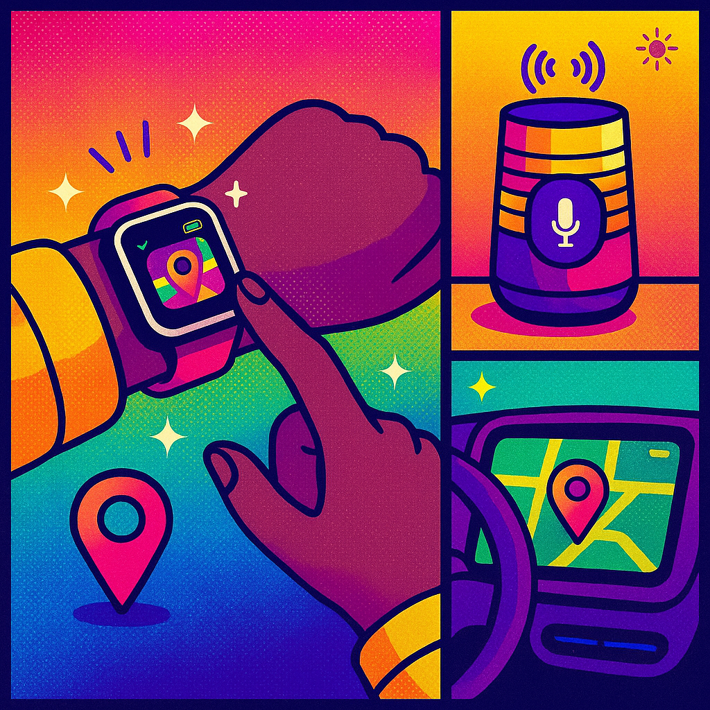 A contextual persona shifting dynamically across smartwatch, smart speaker, and car dashboard.