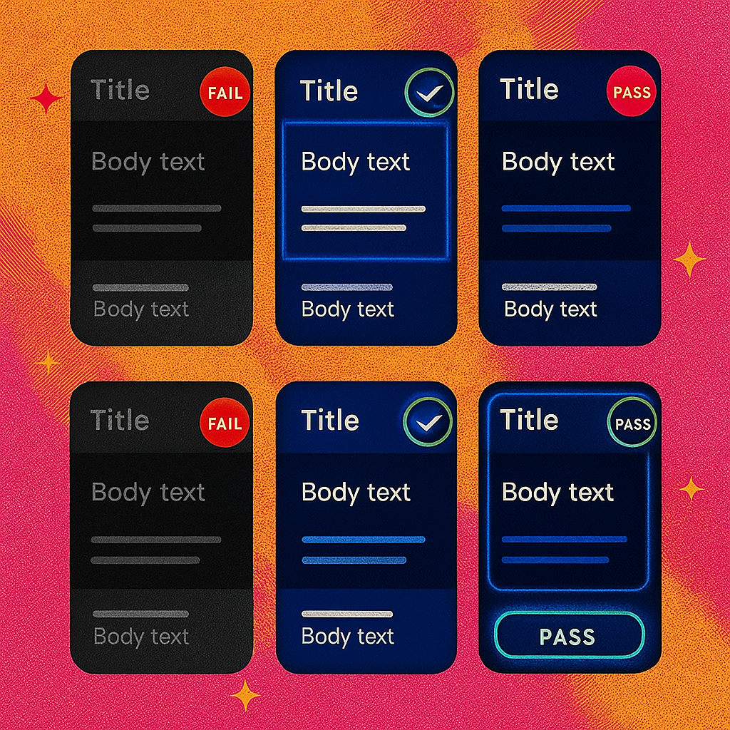 Visual examples of incorrect vs correct color contrast in dark mode interfaces.