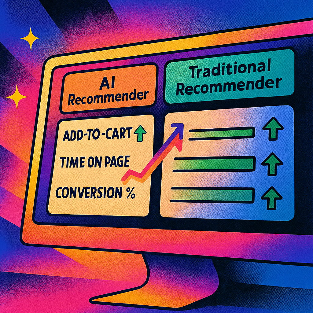 Split-screen showing an A/B testing dashboard comparing AI-driven and rule-based recommendations with conversion KPIs.