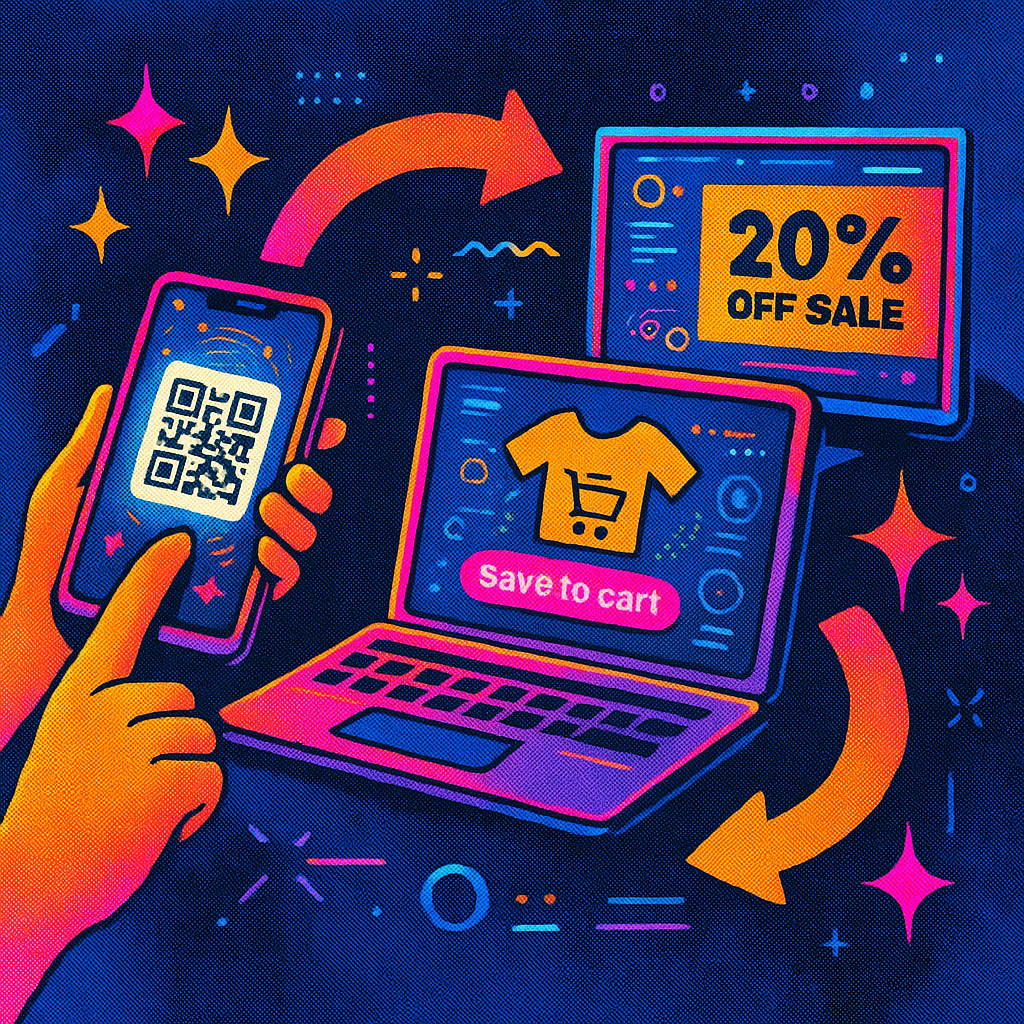 A visualization showing a user's journey starting on a mobile ad, continuing through a website, and ending on a smart TV app.