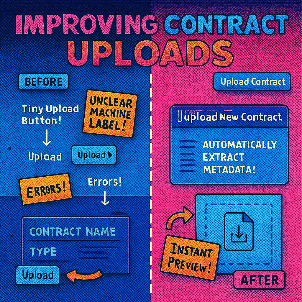 Annotated screenshot showing usability issues in an outdated legal contract upload form